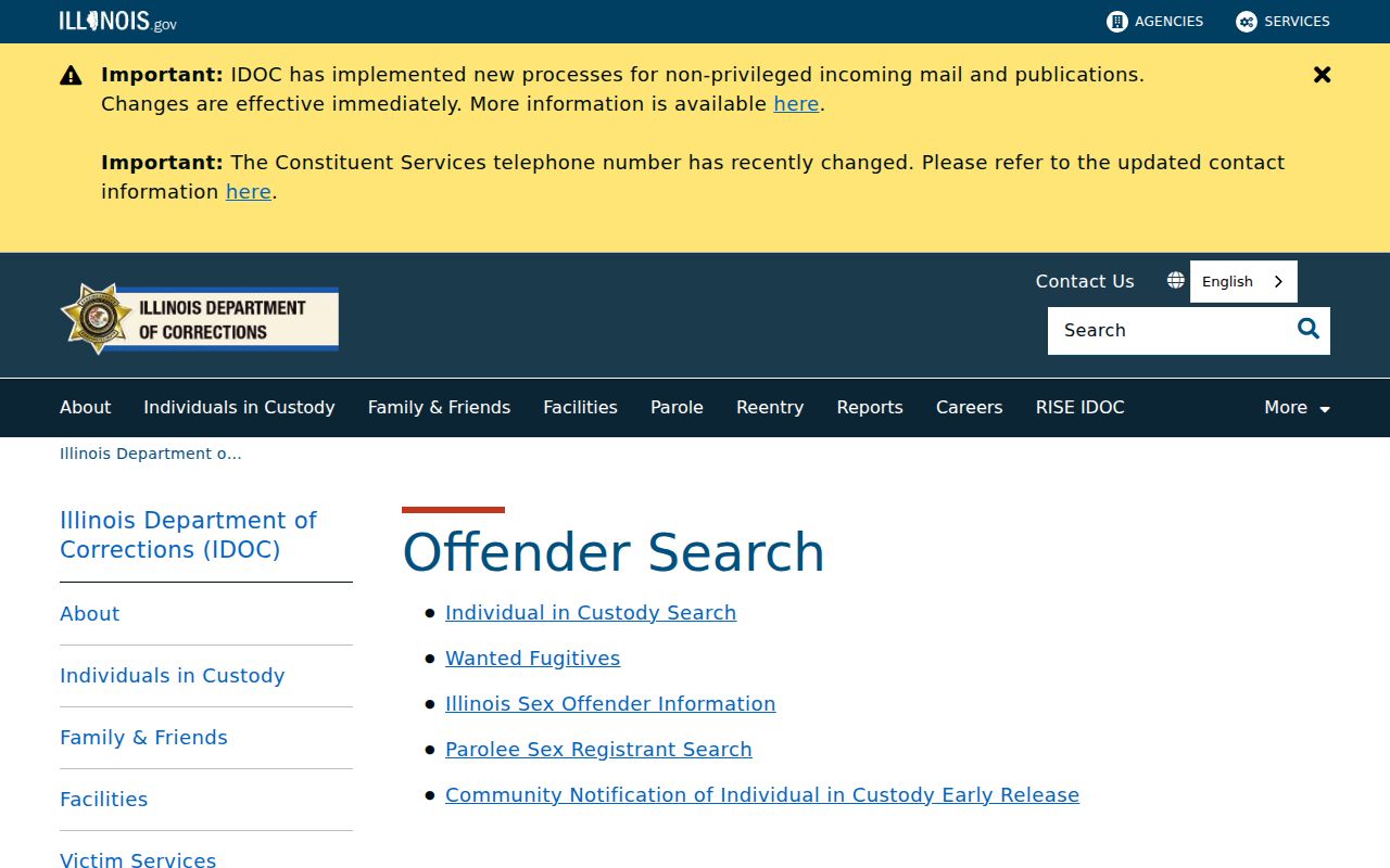 Illinois Department of Corrections custody search